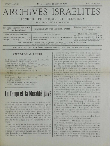 Archives israélites de France. Vol.75 N°04 (22 janv. 1914)